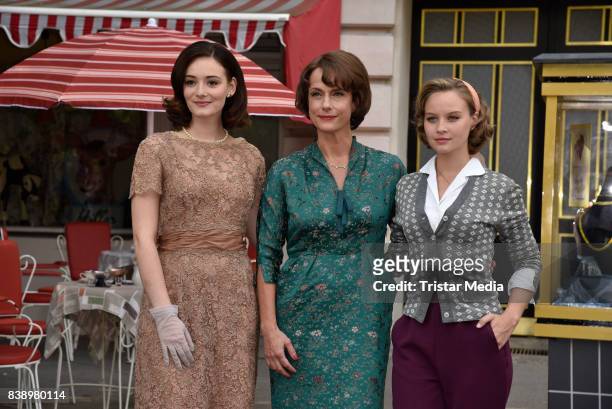 Maria Ehrich, Claudia Michaelsen and Sonja Gerhardt during a set visit of 'Ku'damm 59' on August 25, 2017 in Berlin, Germany.