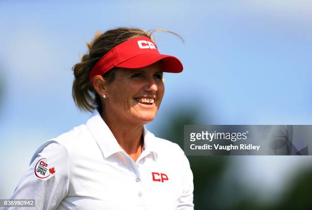 Lorie Kane of Canada smiles on the 9th green during round two of the Canadian Pacific Women's Open at the Ottawa Hunt & Golf Club on August 25, 2017...