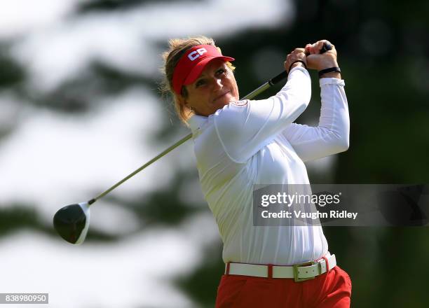 Lorie Kane of Canada hits her tee shot on the 9th hole during round two of the Canadian Pacific Women's Open at the Ottawa Hunt & Golf Club on August...