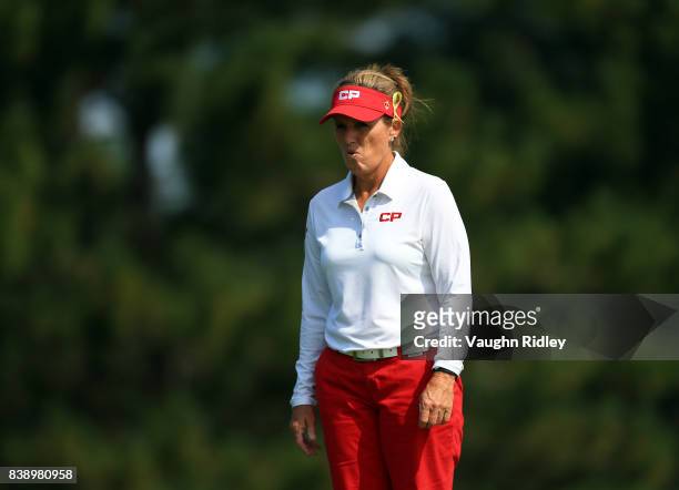 Lorie Kane of Canada reacts on the 9th green during round two of the Canadian Pacific Women's Open at the Ottawa Hunt & Golf Club on August 25, 2017...