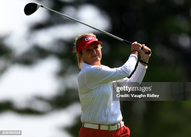 Lorie Kane of Canada hits her tee shot on the 9th hole during round two of the Canadian Pacific Women's Open at the Ottawa Hunt & Golf Club on August...