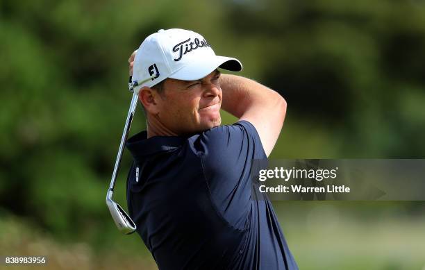 David Drysdale of Scotland hits his tee shot on the 2nd hole during day two of Made in Denmark at Himmerland Golf & Spa Resort on August 25, 2017 in...