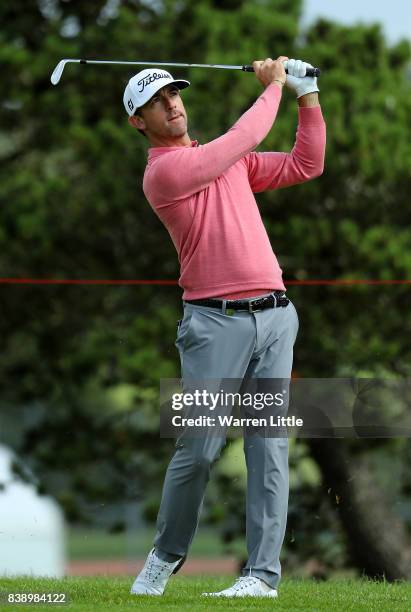 Wade Ormsby of Australia hits his second shot on the 1st hole during day two of Made in Denmark at Himmerland Golf & Spa Resort on August 25, 2017 in...