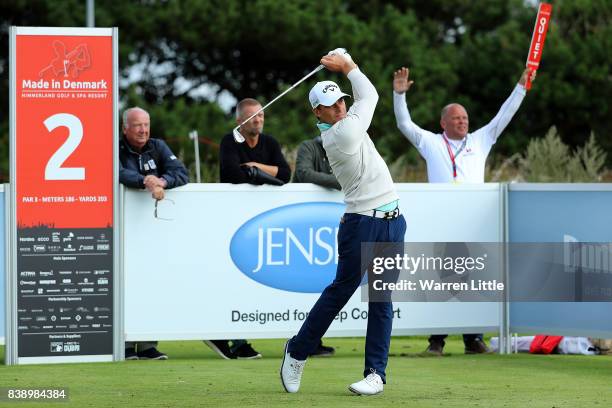 Haydn Porteous of South Africa hits his tee shot on the 2nd hole during day two of Made in Denmark at Himmerland Golf & Spa Resort on August 25, 2017...
