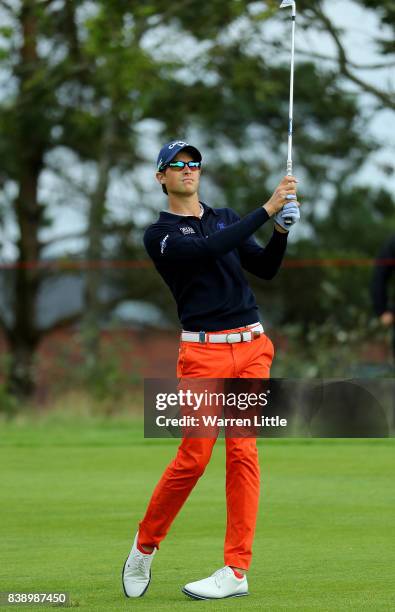 Thomas Detry of Belgium hits his second shot on the 1st hole during day two of Made in Denmark at Himmerland Golf & Spa Resort on August 25, 2017 in...