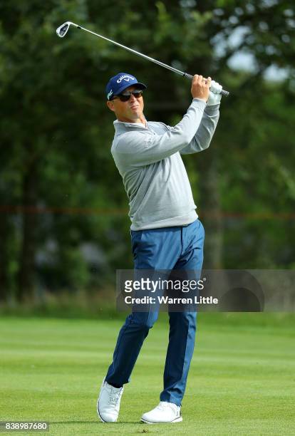 Niclas Fasth of Sweden hits his second shot on the 1st hole during day two of Made in Denmark at Himmerland Golf & Spa Resort on August 25, 2017 in...