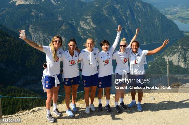 Carley Telford, Claire Rafferty, Magdalene Eriksson, Ji So Yun, Beth England and Drew Spence on Mount Krippenstein on August 25, 2017 in Schladming,...