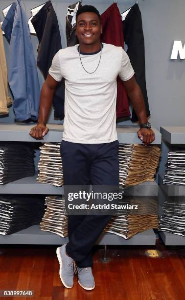 New York Yankee's shortstop Didi Gregorius poses for photos wearing Banana Republic's rapid movement chino on August 25, 2017 in New York City.