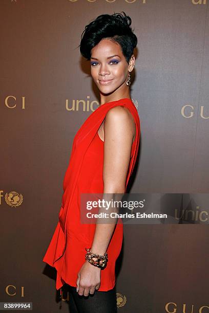 Recording artist Rihanna attends the launch of the Tattoo Heart Collection to Benefit UNICEF cocktail reception at Gucci on November 19, 2008 in New...