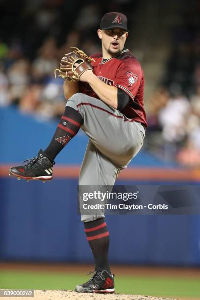 August 23: Pitcher Zack Godley of the Arizona Diamondbacks pitching during the Arizona Diamondbacks Vs New York Mets regular season MLB game at Citi...