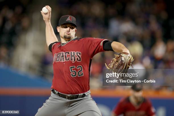 August 23: Pitcher Zack Godley of the Arizona Diamondbacks pitching during the Arizona Diamondbacks Vs New York Mets regular season MLB game at Citi...