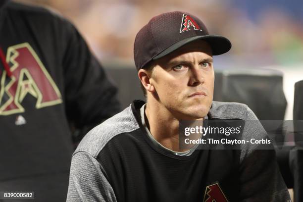 August 23: Pitcher Zack Greinke of the Arizona Diamondbacks in the dugout during the Arizona Diamondbacks Vs New York Mets regular season MLB game at...