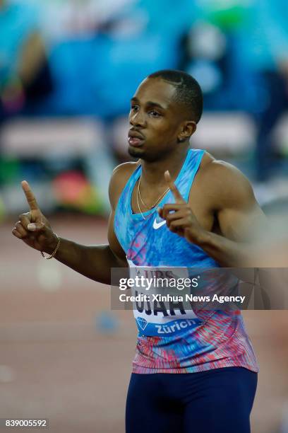 Aug. 25, 2017 -- Chijindu Ujah of Britain celebrates after the men's 100m final at the IAAF Diamond League international athletics meeting in Zurich,...