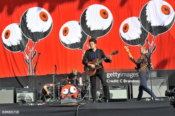 Kieran Shudall, Colin Jones and Sam Rourke of Circa Waves perform on stage during Day 1 of the Reading Festival at Richfield Avenue on August 25,...