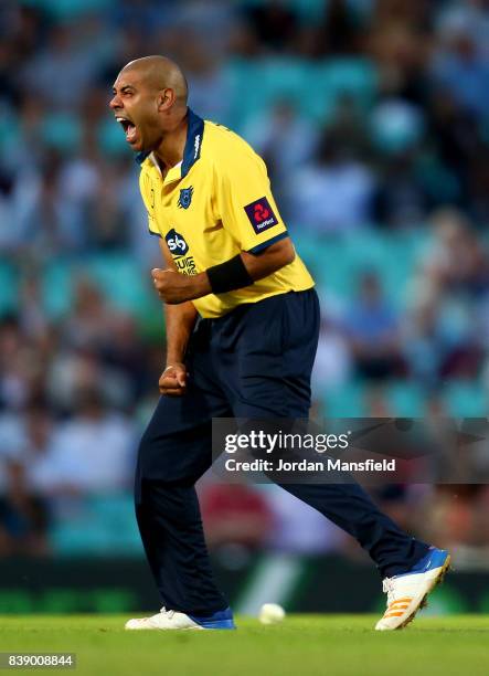 Jeetan Patel of Birmingham celebrates dismissing Jason Roy of Surrey during the NatWest T20 Blast Quarter-Final between Surrey and Birmingham Bears...