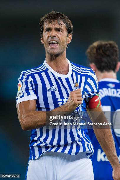 Xabier Prieto of Real Sociedad celebrates after scoring his team's second goal during during the La Liga match between Real Sociedad de Futbol and...