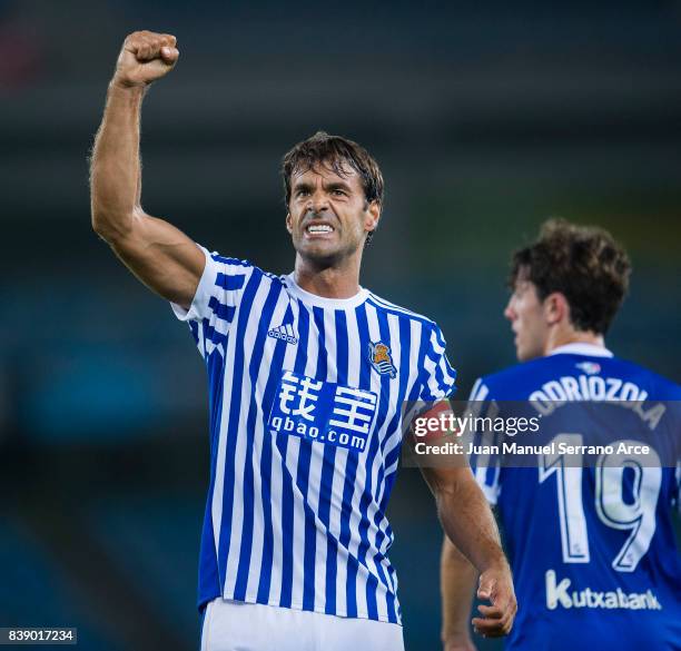 Xabier Prieto of Real Sociedad celebrates after scoring his team's second goal during during the La Liga match between Real Sociedad de Futbol and...