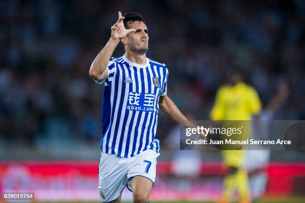 Juan Miguel Jimenez 'Juanmi' of Real Sociedad celebrates after scoring his team's third goal during during the La Liga match between Real Sociedad de...