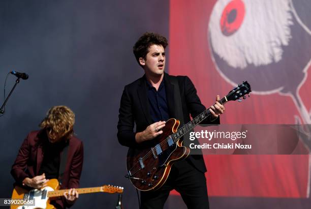 Joe Falconer and Kieran Shudall of Circa Waves perform at Reading Festival at Richfield Avenue on August 25, 2017 in Reading, England.