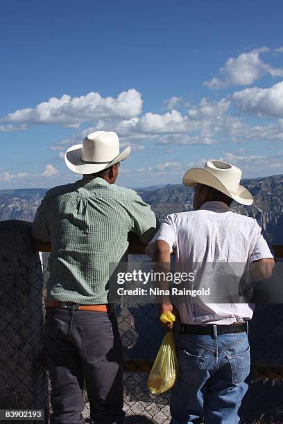 Local men observe the view over the famous Copper Canyon at a popular viewing point beside the railway line at Divisadero on November 25, 2008 near...
