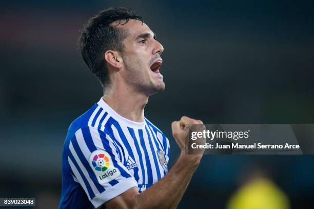 Juan Miguel Jimenez 'Juanmi' of Real Sociedad celebrates after scoring his team's third goal during during the La Liga match between Real Sociedad de...