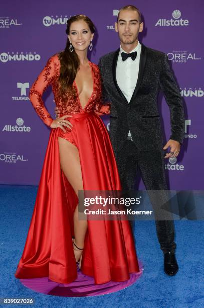 Carolina Miranda and Michel Duval arrives at Telemundo's 2017 'Premios Tu Mundo' at American Airlines Arena on August 24, 2017 in Miami, Florida.