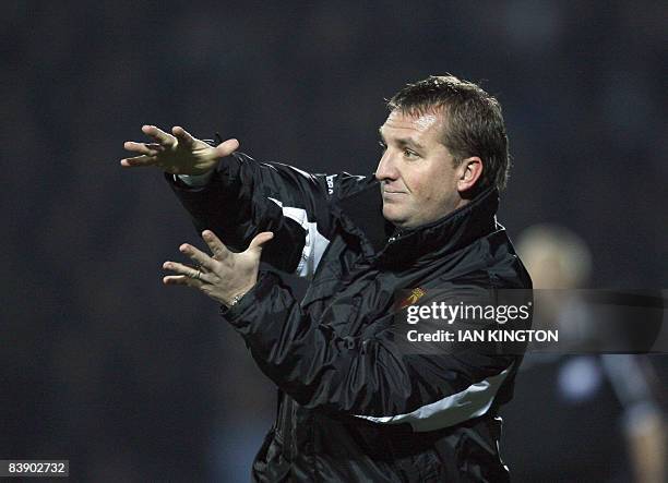 Watford's Manager Brendan Rodgers gestures during the Carling Cup Quarter Final football match against Tottenham Hotspur at Vicarage Road in London,...