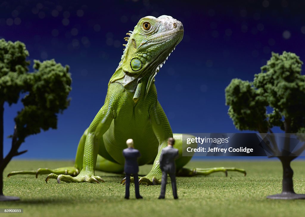 Iguana confronting toy businessmen