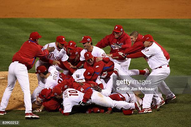 The Philadelphia Phillies celebrate their 4-3 win against the Tampa Bay Rays during the continuation of game five of the 2008 MLB World Series on...