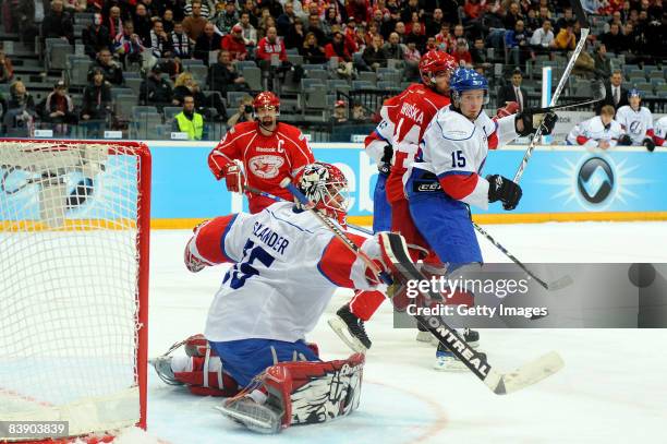 Josef Beranek and David Hruska of Slavia Prague challenges Ari Sulander and Mathias Seger of ZSC Lions Zurich during the IIHF Champions Hockey League...