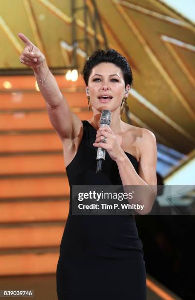 Emma Willis presenting during the Celebrity Big Brother Final at Elstree Studios on August 25, 2017 in Borehamwood, England.