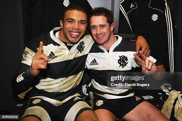Barbarians teammates Bryan Habana and Shane Williams pose following the 1908 - 2008 London Olympic Centenary match between The Barbarians and...