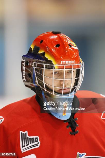 Marek Benda of the Baie-Comeau Drakkar skates during the warm up period prior to facing the Drummondville Voltigeurs at the Centre Marcel Dionne on...