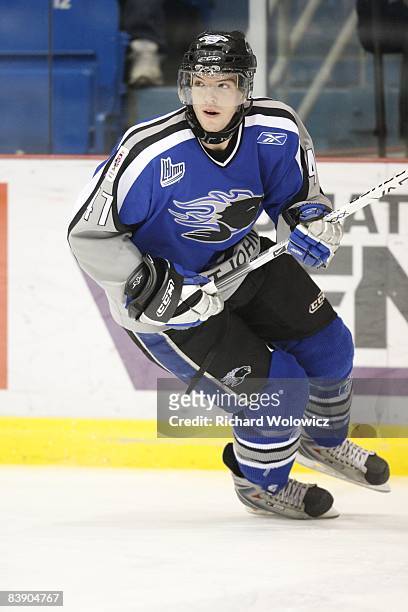 Simon Despres of the St-John Seadogs skates during the warm up period prior to facing the Drummondville Voltigeurs at the Centre Marcel Dionne on...
