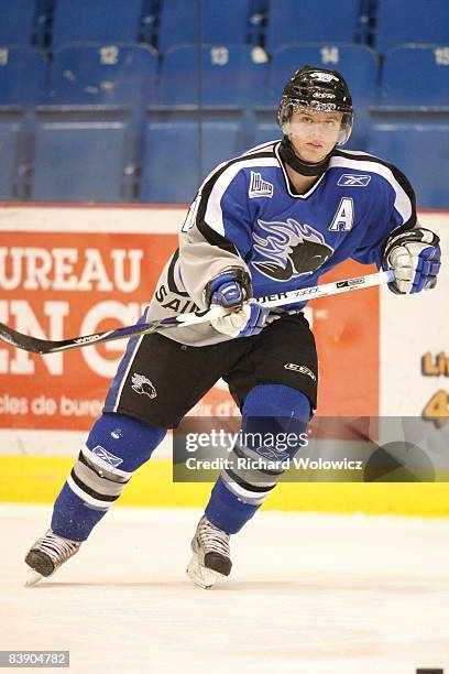 Michael Kirkpatrick of the St-John Seadogs skates during the warm up period prior to facing the Drummondville Voltigeurs at the Centre Marcel Dionne...