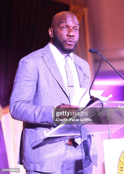 Actor Omar Dorsey speaks onstage at 2017 BronzeLens Women SuperStars Luncheon at Westin Peachtree Plaza on August 25, 2017 in Atlanta, Georgia.