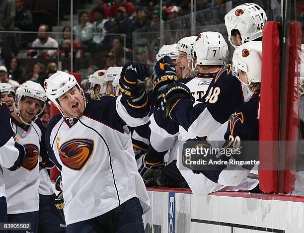 Eric Boulton of the Atlanta Thrashers celebrates his first period goal against the Ottawa Senators at Scotiabank Place on December 3, 2008 in Ottawa,...