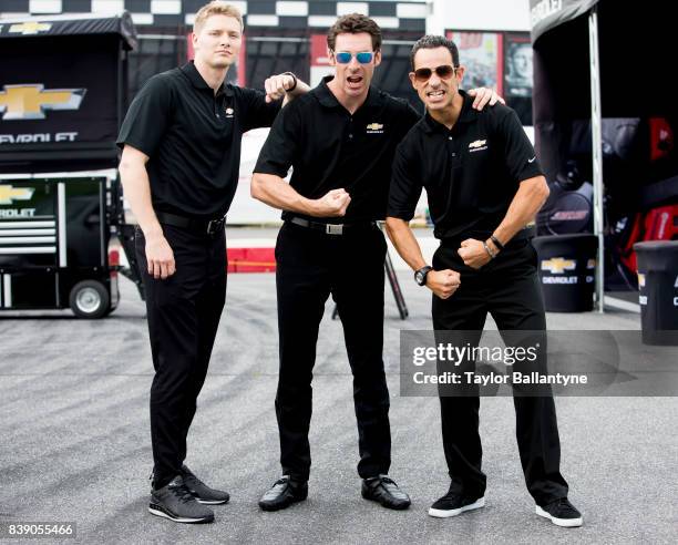 Team Penske drivers Josef Newgarden, Simon Pagenaud, and Helio Castroneves are photographed for Sports Illustrated on August 18, 2017 at Pocono...