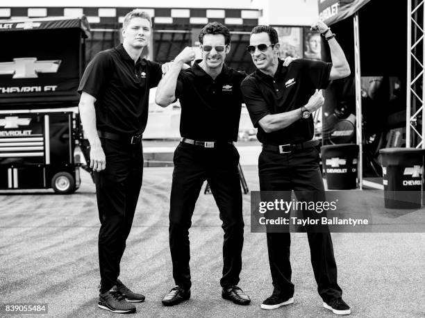 Team Penske drivers Josef Newgarden, Simon Pagenaud, and Helio Castroneves are photographed for Sports Illustrated on August 18, 2017 at Pocono...