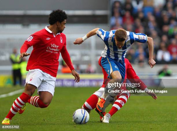 Brighton and Hove Albion's Craig Noone gets away from Nottingham Forest's Radoslaw Majewski and Garath McCleary during the npower Championship match...