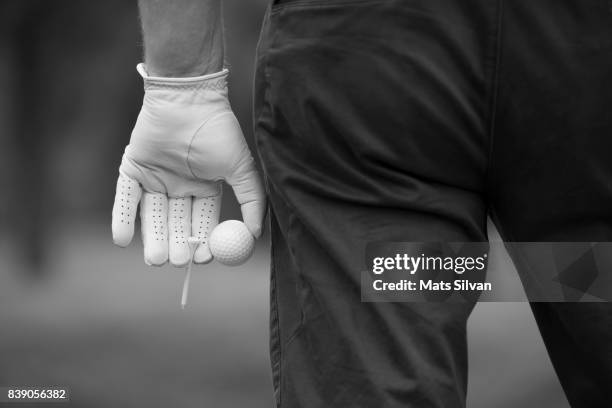 golfer with glove holding a golf ball and a tee. - male buttocks stockfoto's en -beelden