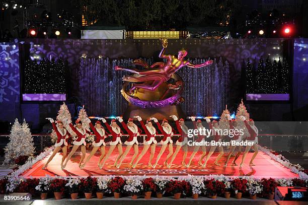 The Radio City Rockets perform onstage at the annual tree lighting ceremony and Christmas celebration at Rockefeller Center on December 3, 2008 in...