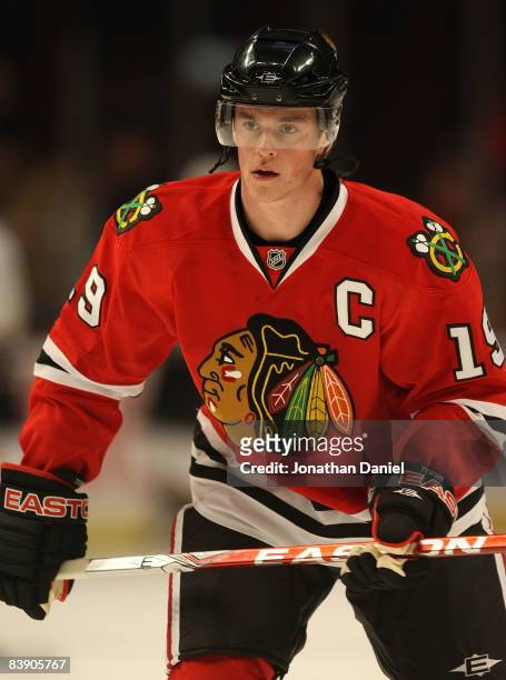 Jonathan Toews of the Chicago Blackhawks warms-up before a game against the Anaheim Ducks on December 3, 2008 at the United Center in Chicago,...