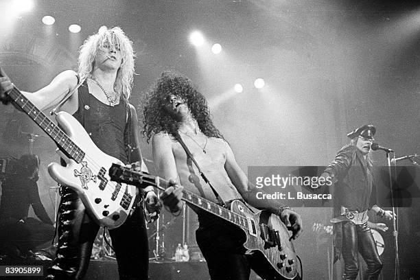 American musicians Duff McKagan, Slash, and Axl Rose, of the group Guns 'n' Roses, perform in concert at the Ritz, New York, New York, February 2,...
