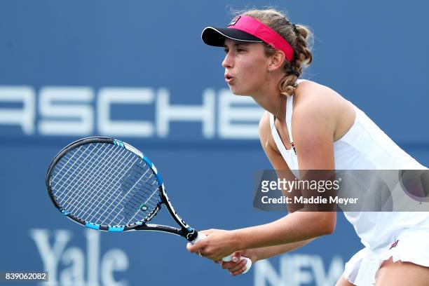 Elise Mertens of Belgium looks on during her match against Dominika Cibulkova of Slovakia during Day 7 of the Connecticut Open at Connecticut Tennis...