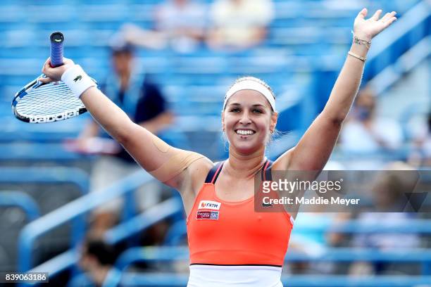 Dominika Cibulkova of Slovakia celebrates after defeating Elise Mertens of Belgium during Day 7 of the Connecticut Open at Connecticut Tennis Center...