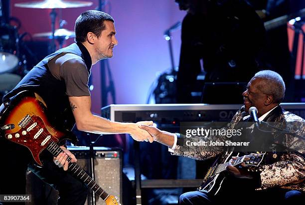 Musicians John Mayer and B.B. King onstage during The GRAMMY Nominations Concert Live!! held at the Nokia Theatre on December 3, 2008 in Los Angeles,...