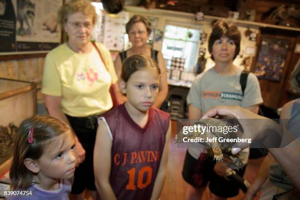 Two girls looking at an Eastern box turtle at Peaks of Otter, Nature Center.