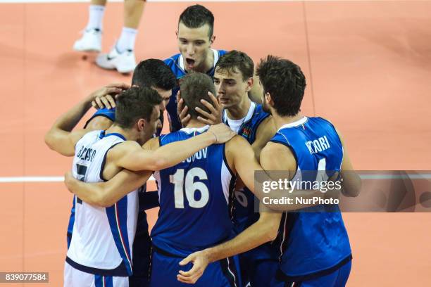 Oleg Antonov , Luca Vettori , Fabio Balaso celebrate during Volleyball European Championships match between Italy and Germany on 25 August 2017 in...