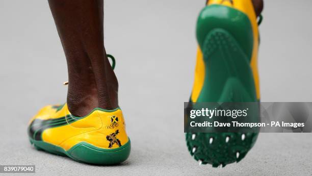 The running spikes of Jamaica's Usain Bolt before he competes in the men's 200 metres heats during Day Seven of the IAAF World Athletics...